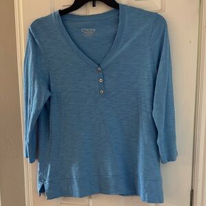 Chico's Sky Blue V-Neck Button Accent 3/4 Sleeve Top Size 1 Medium